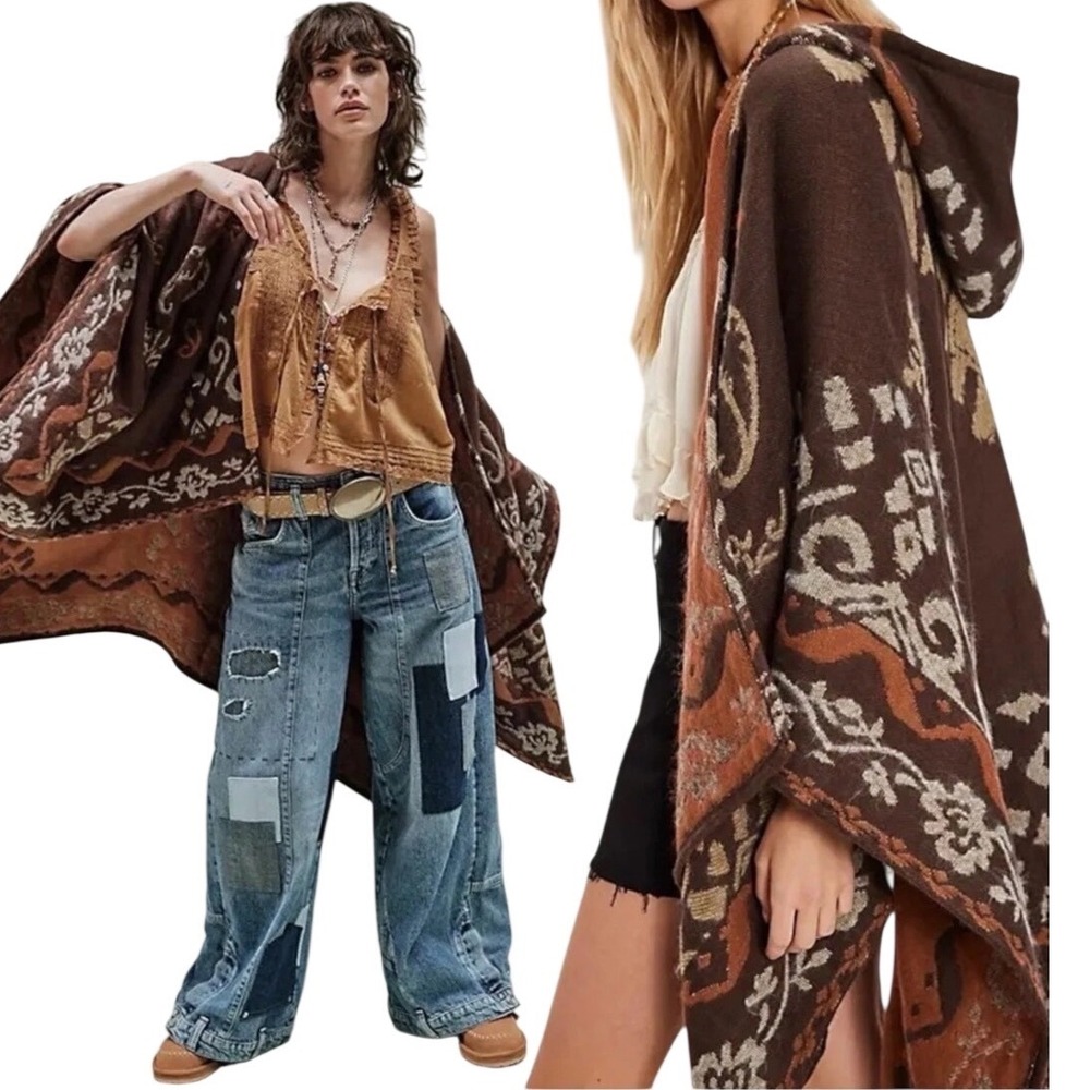 Free People Printed Hooded Duster Poncho NWOT